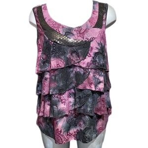 Dressbarn Tiered Ruffle Blouse Top Sequined Whimsigoth Size 2X Dark Floral Boho